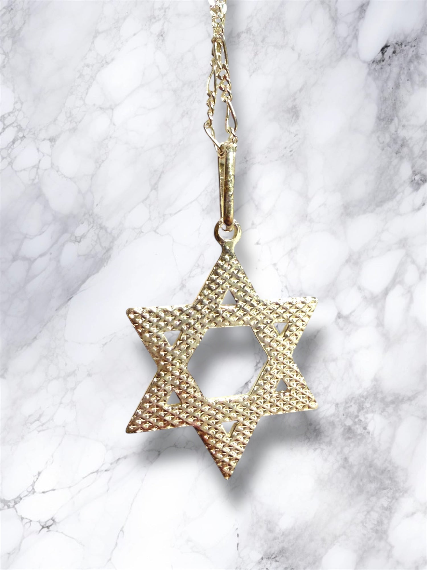 Etched sterling silver Star of David pendant on a figaro chain necklace | Judaica Square Lakewood (view 5)