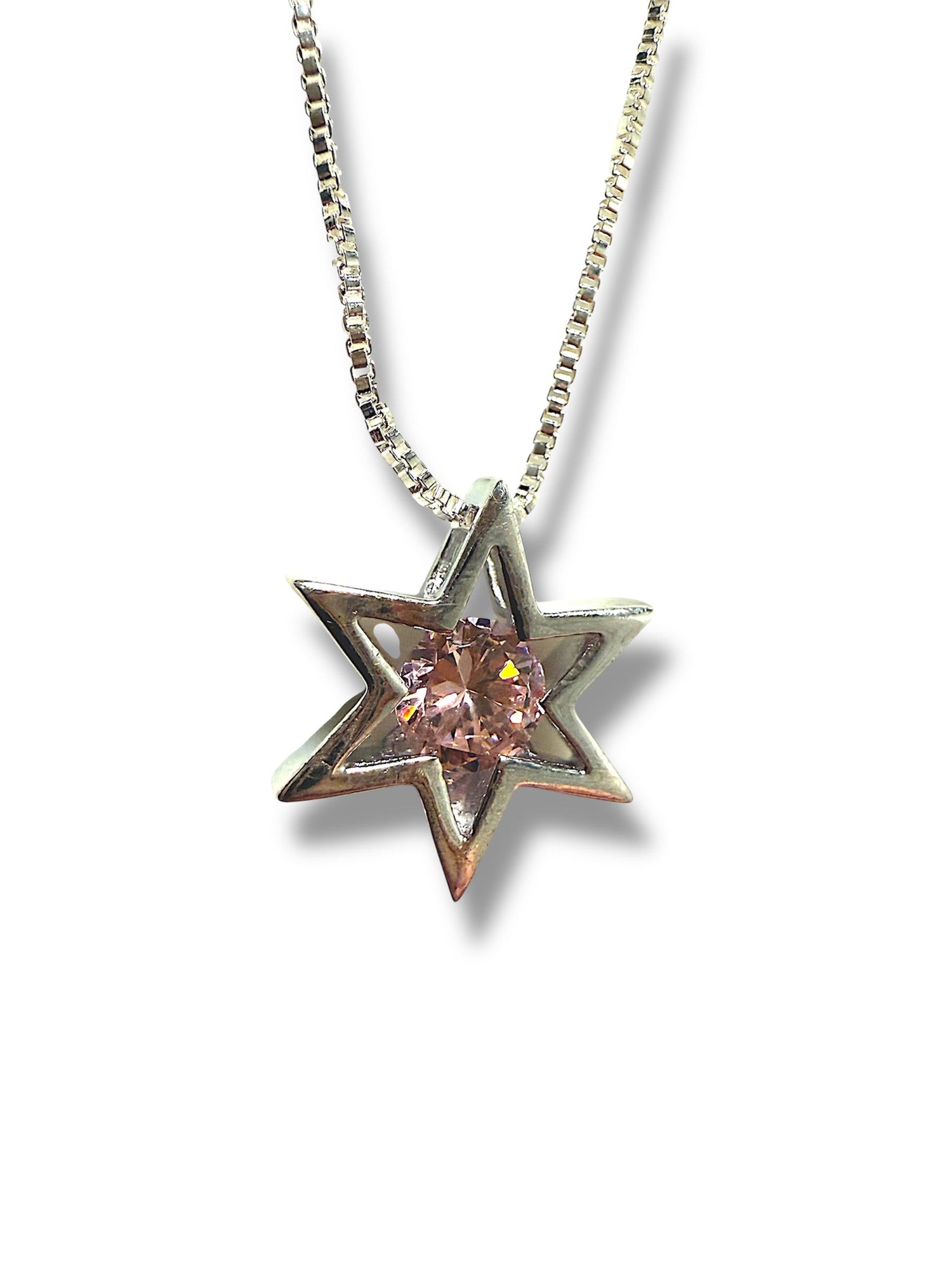 Modern sterling Star of David pendant centered with a pink stone | Judaica Square Lakewood (view 3)