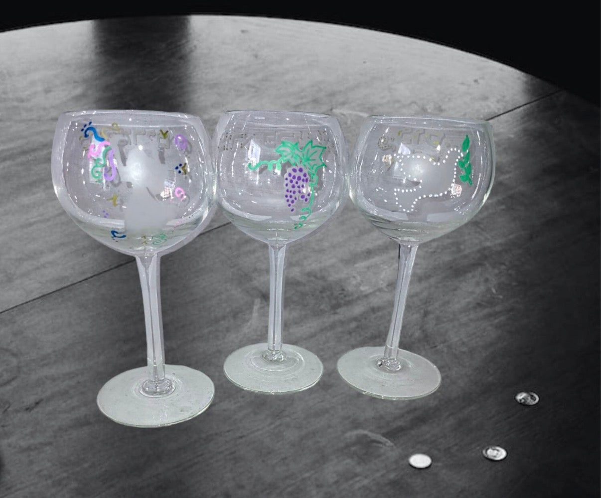 Seder cup set — three etched glasses painted with purple grapes | Judaica Square Lakewood (view 3)