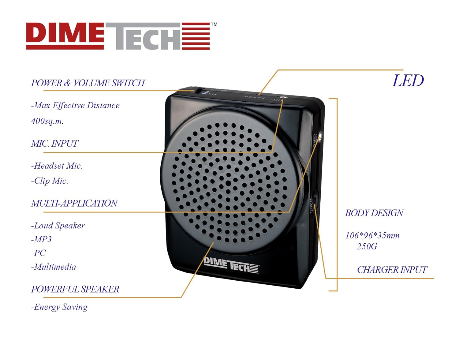 DimeTech Rechargeable Voice Amplifier with Headset Mic & Belt Clip — teacher, view 3 | Judaica Square Lakewood