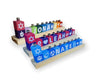 Three personalized wooden name-block menorah examples in different color palettes
