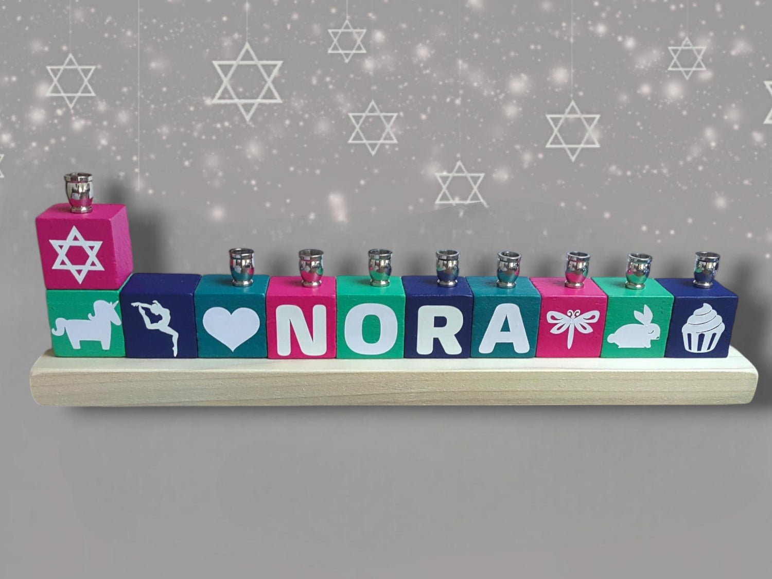 Personalized name block menorah — hand-painted blocks with vinyl letters and nickel cups | Judaica Square Lakewood (view 3)