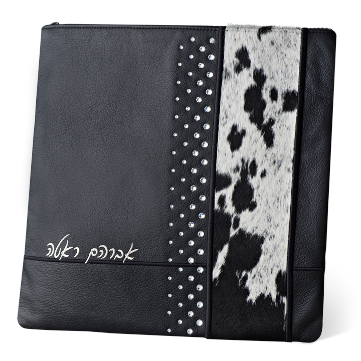 Design 404 tallis and tefillin bag set in black leather with black-and-white fur