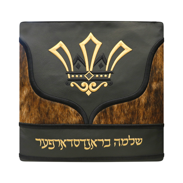 Design 410 black leather with brown-and-black fur tallis and tefillin bag set