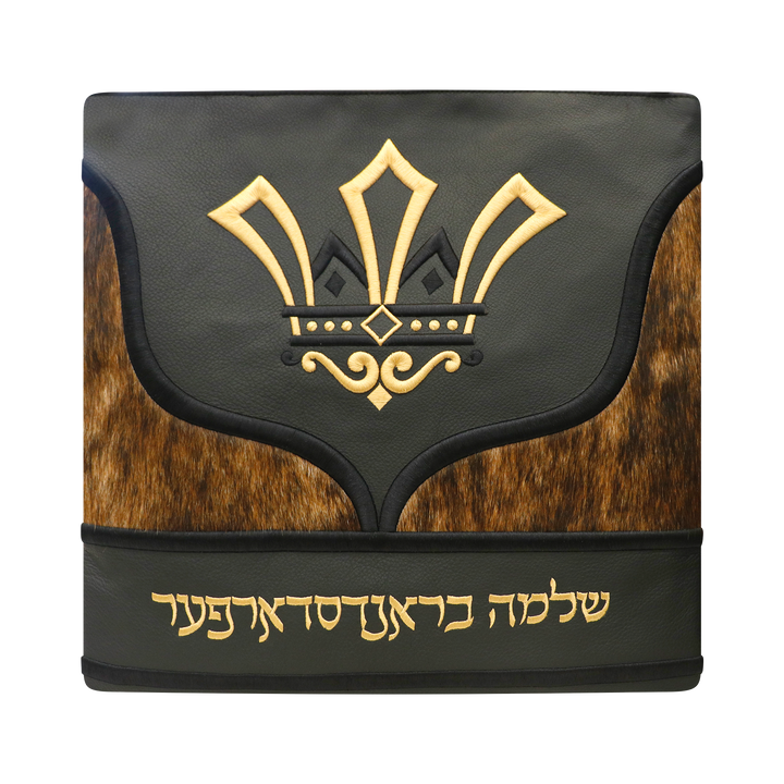 Design 410 black leather with brown-and-black fur tallis and tefillin bag set