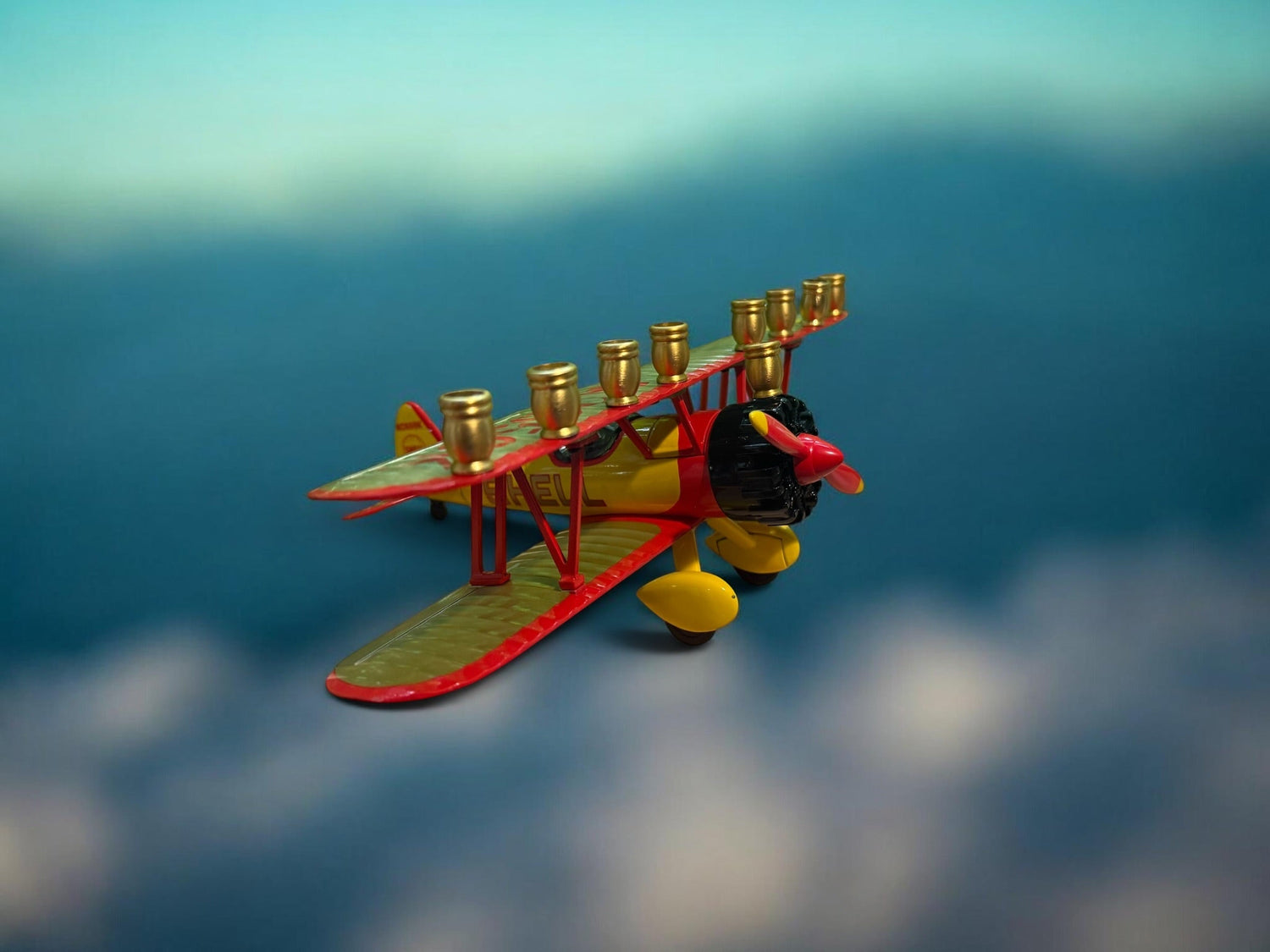Vintage Airplane Menorah — die-cast metal plane bank fitted with aluminum cups | Judaica Square Lakewood (view 12)