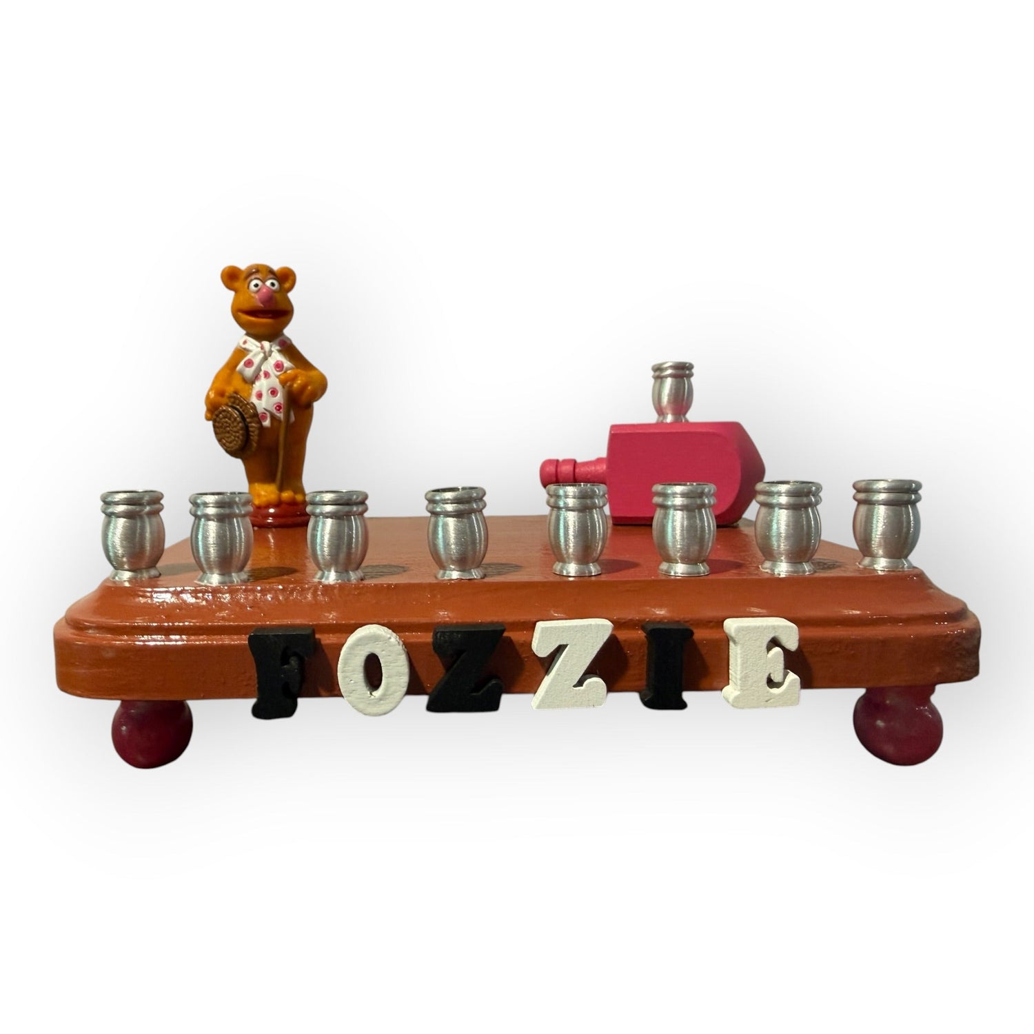 Fozzie Bear menorah — Muppets bear chess piece on painted wood with aluminum cups | Judaica Square Lakewood (view 2)