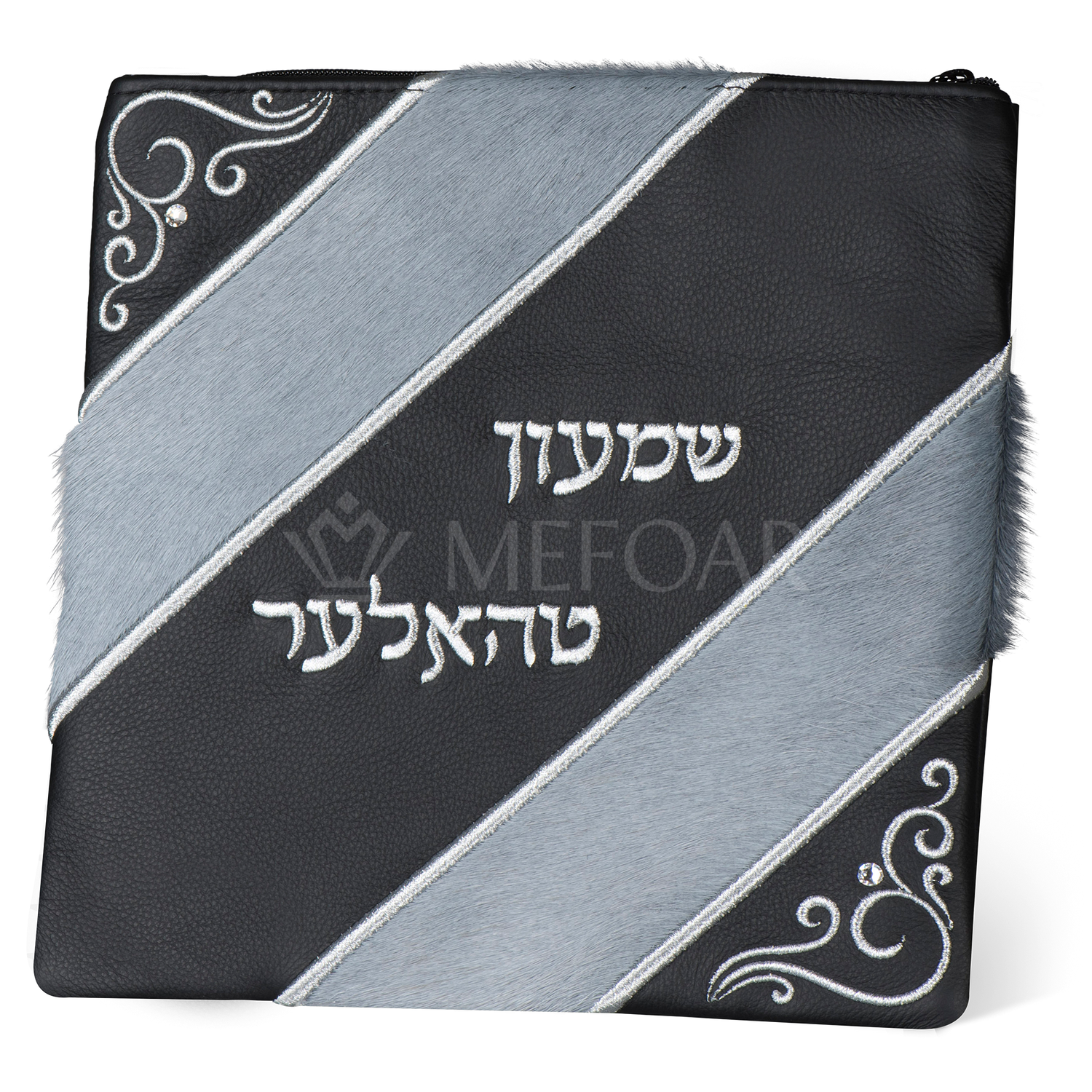 Tallis and Tefillin Bag Design #416 - Black Leather and Fur - Tallis Bags view 4 | Judaica Square Lakewood