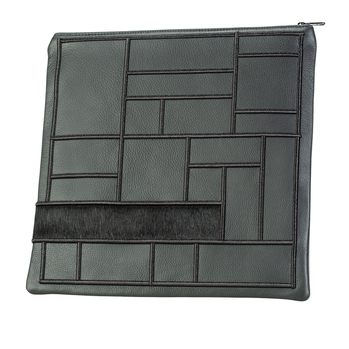 Design 424 black leather and black fur tallis and tefillin bag set