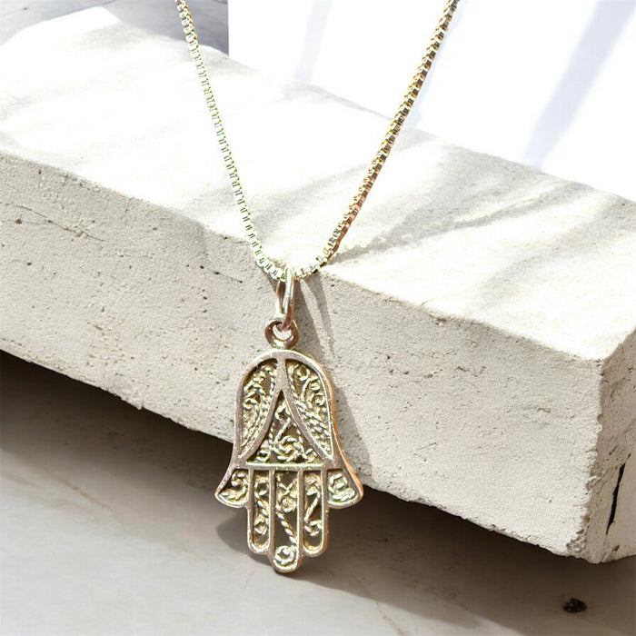 Vintage lacy filigree hamsa hand pendant in sterling silver | Judaica Square Lakewood