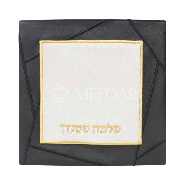 Design 430 black leather and white fur tallis and tefillin bag set