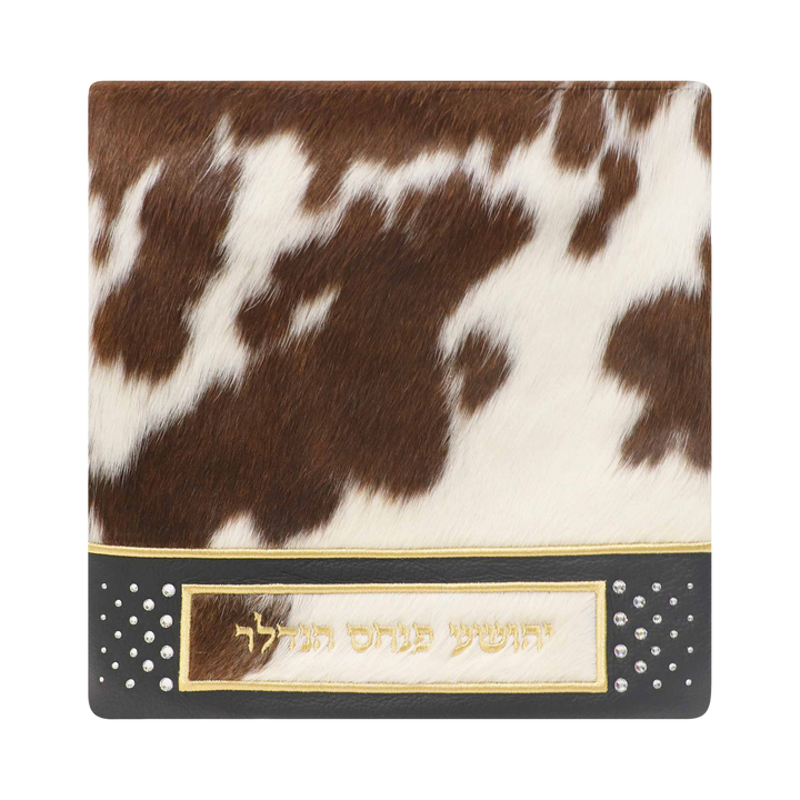 Design 432 black leather with brown-and-white fur tallis and tefillin bag set