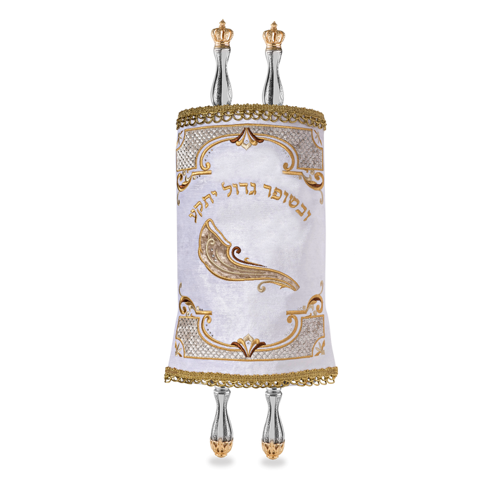 Velvet Torah Mantle - Style Shofar-White - Torah Covers & Mantles