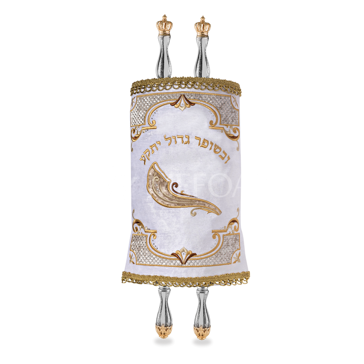 Velvet Torah Mantle - Style Shofar - White