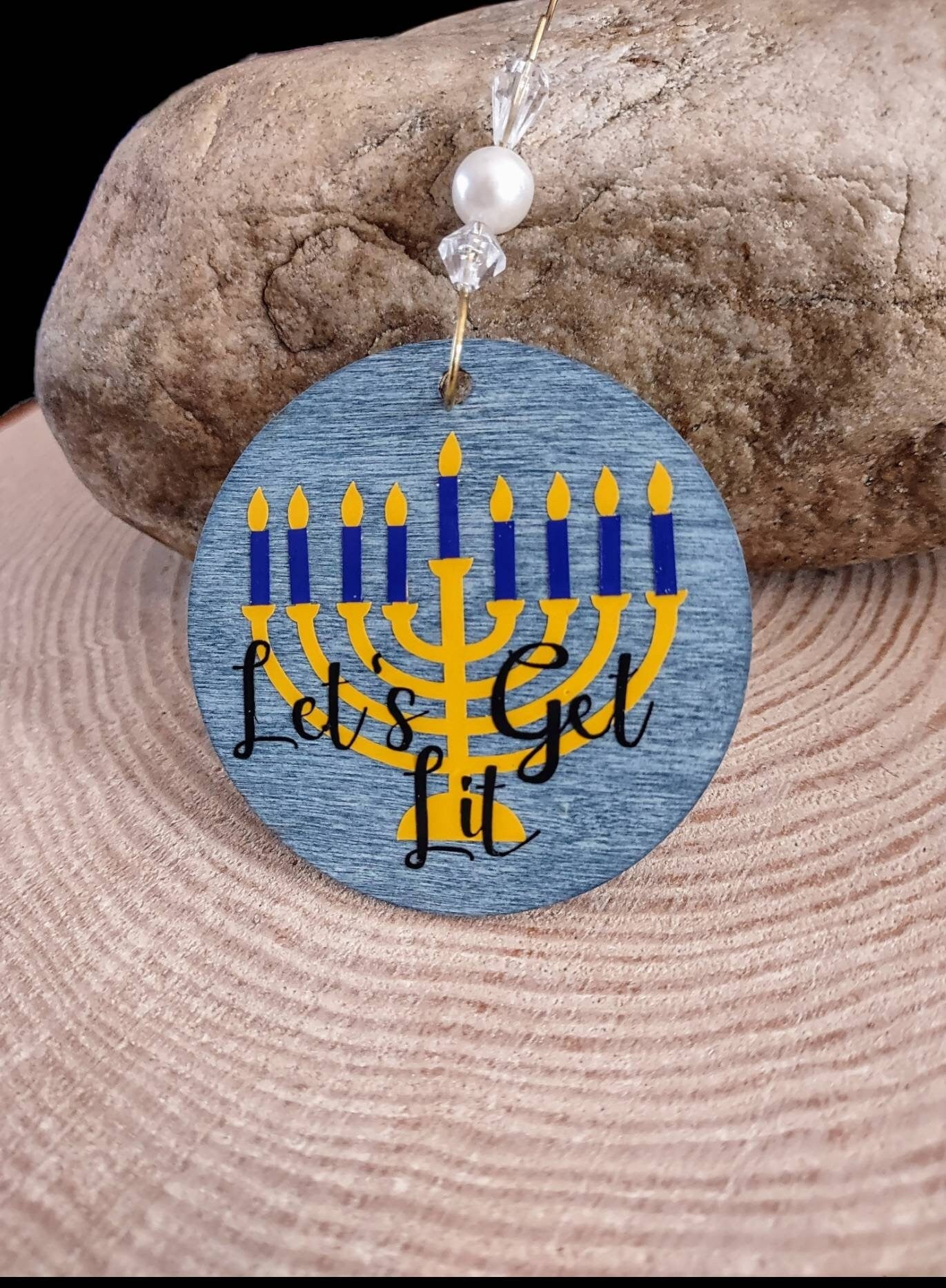 Menorah Ornaments — hand-painted wood hanging decorations on twine | Judaica Square Lakewood (view 2)