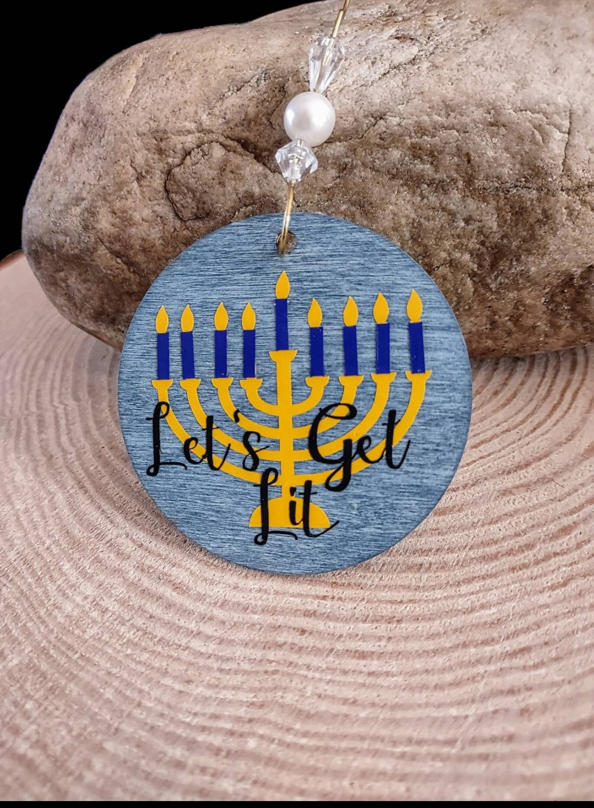Menorah Ornaments — hand-painted wood hanging decorations on twine | Judaica Square Lakewood (view 2)