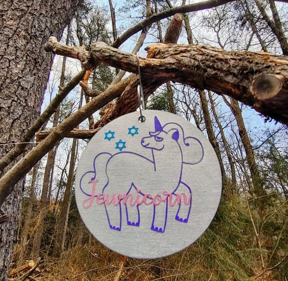 Rainbow Jewnicorn unicorn ornament painted on wood with beads | Judaica Square Lakewood (view 6)