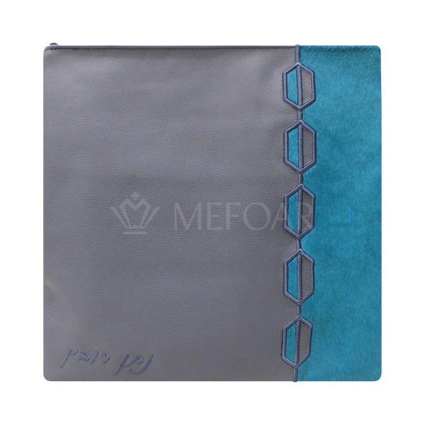 Design 448 grey leather and teal fur tallis and tefillin bag set