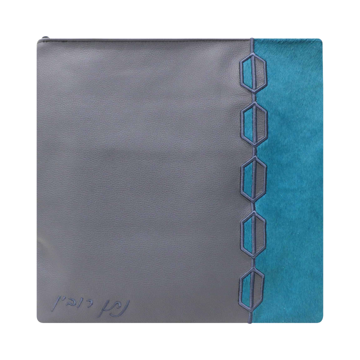 Design 448 grey leather and teal fur tallis and tefillin bag set