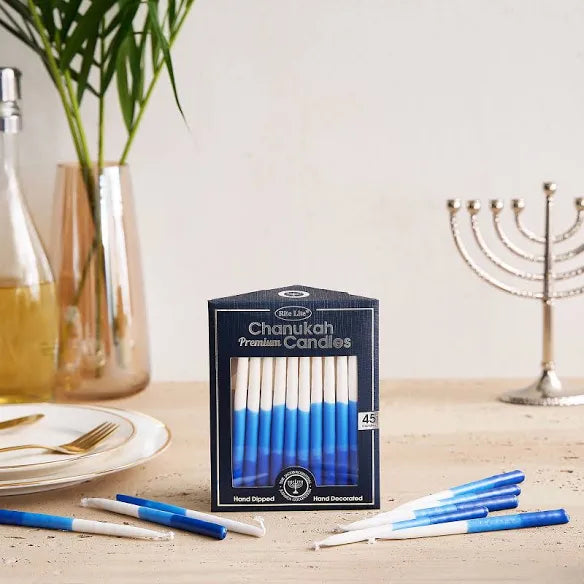 Blue and white Hanukkah candles — box of 45 hand-dipped tapers for a menorah | Judaica Square Lakewood (view 4)