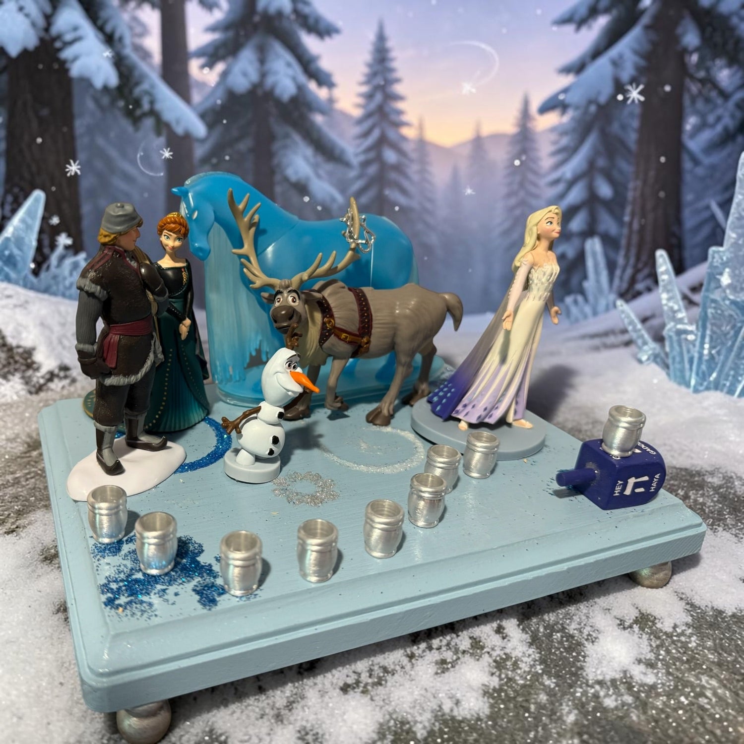 Frozen Menorah — Anna and Elsa figures with glitter dreidel shamash | Judaica Square Lakewood (view 9)