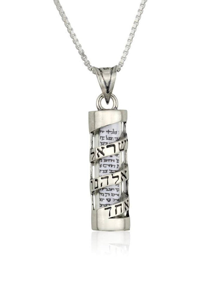 Shema Mezuzah Necklace — Sterling Silver Spiral Case with Scroll