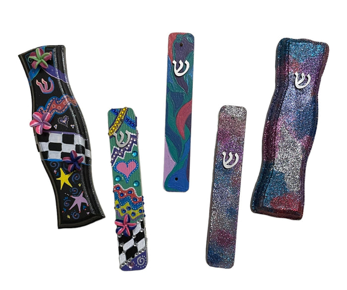Hand-painted mezuzah cases — checkerboard, leafy vine and glitter mosaic designs | Judaica Square Lakewood