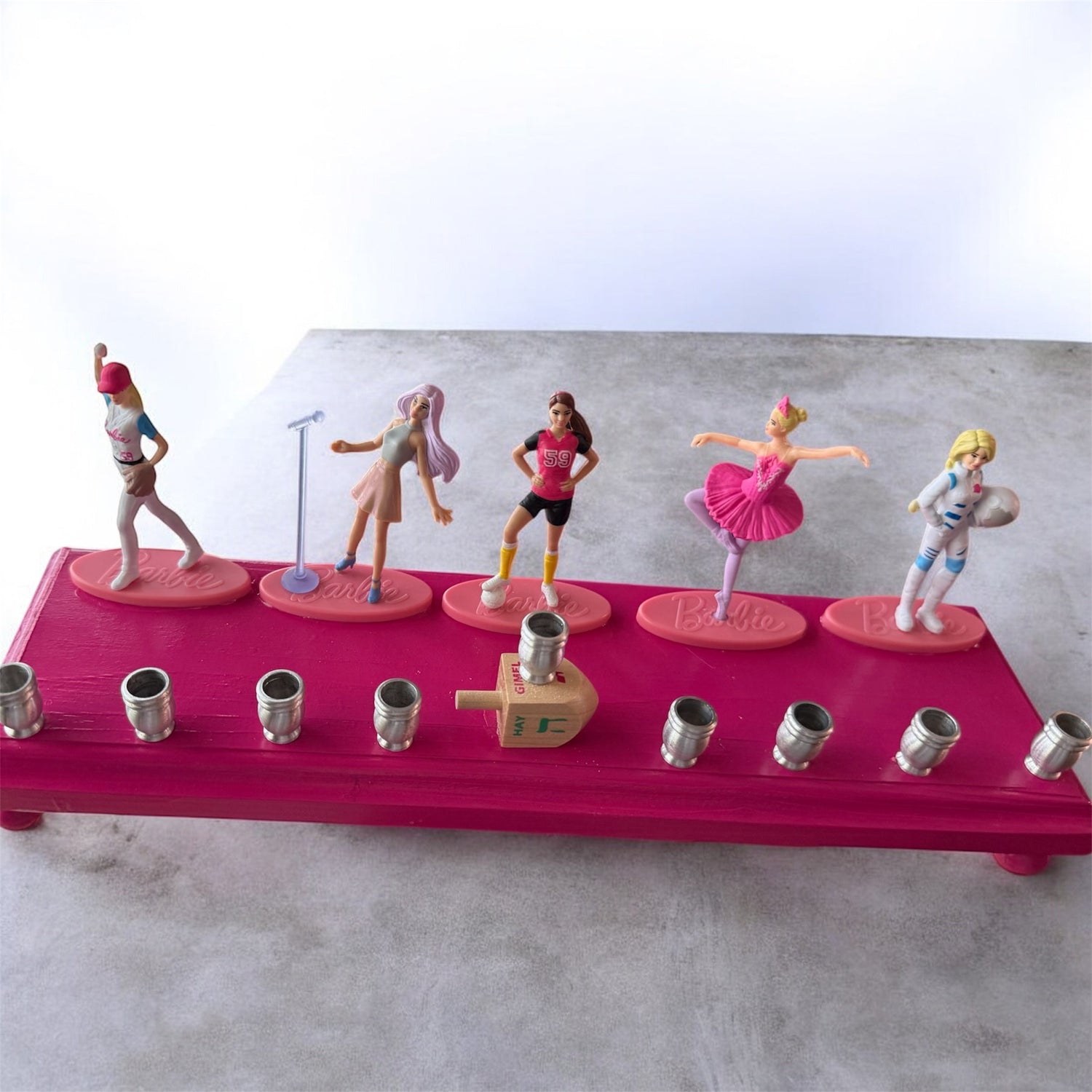 Barbie menorah — vintage Barbie career doll figures on painted wood plaques | Judaica Square Lakewood (view 12)