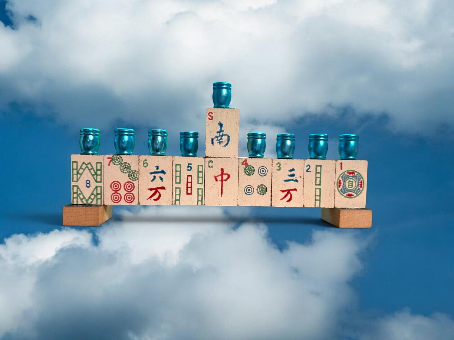 Mah Jongg menorah — repurposed game tiles with numbered aluminum candle cups | Judaica Square Lakewood (view 6)
