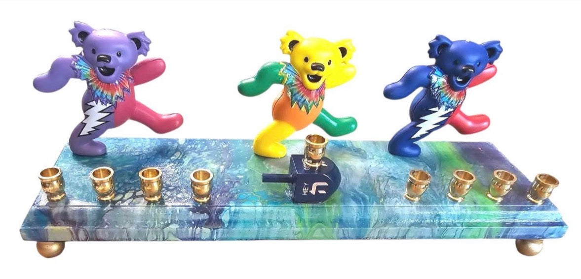 Psychedelic Dancing Bears Menorah — bear figures on a swirled paint-poured base | Judaica Square Lakewood (view 11)