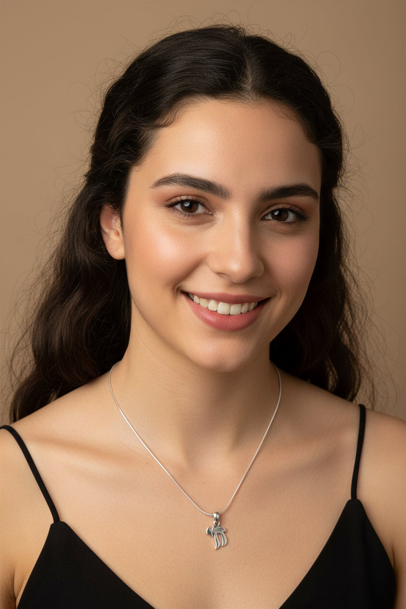 Sterling silver chai necklace — Hebrew life pendant on snake chain | Judaica Square Lakewood (view 4)