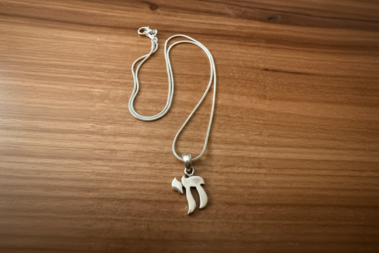 Sterling silver chai necklace — Hebrew life pendant on snake chain | Judaica Square Lakewood (view 5)