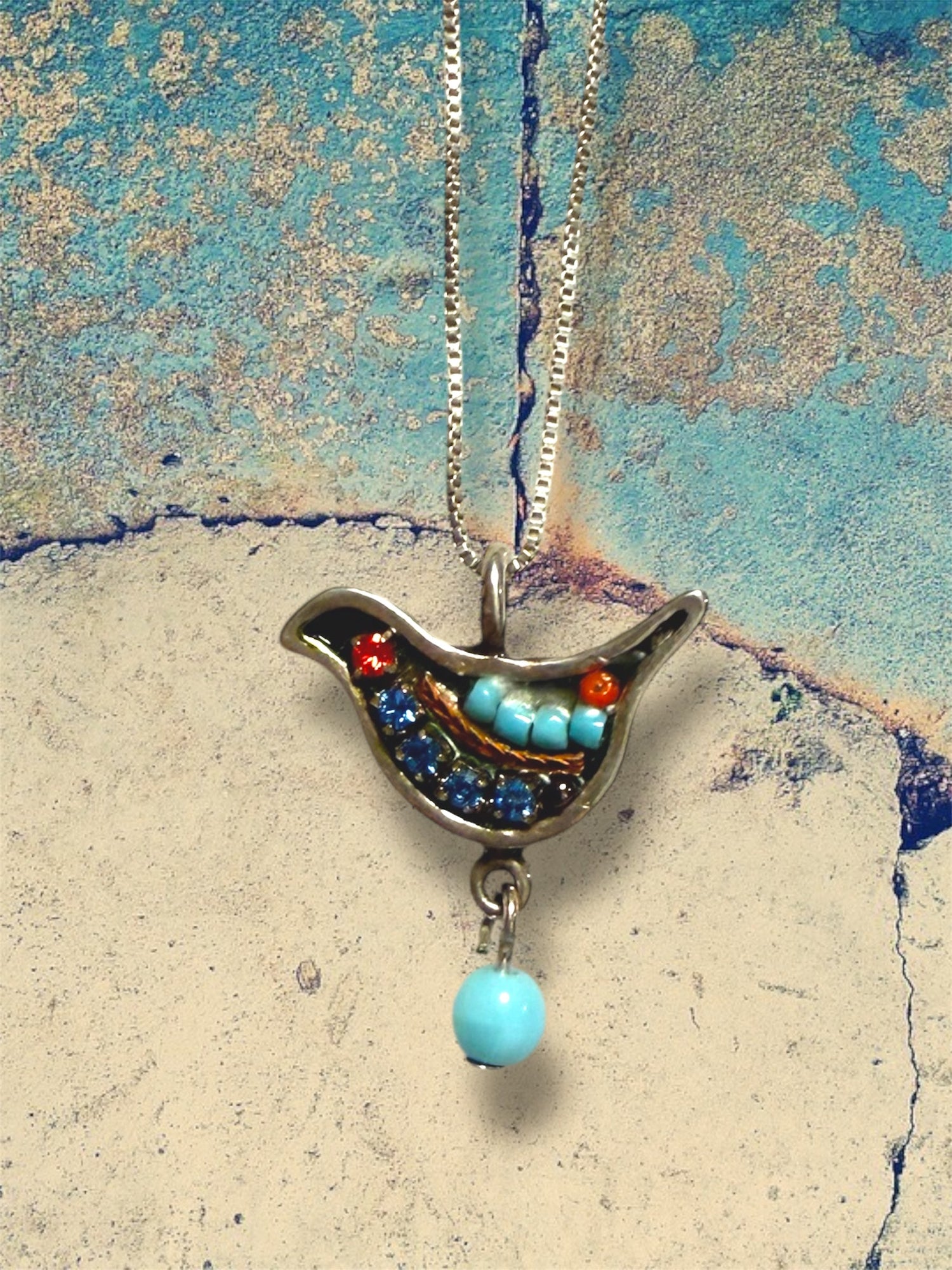 Adaya mosaic dove pendant beaded in bright colors on silver chain | Judaica Square Lakewood (view 3)