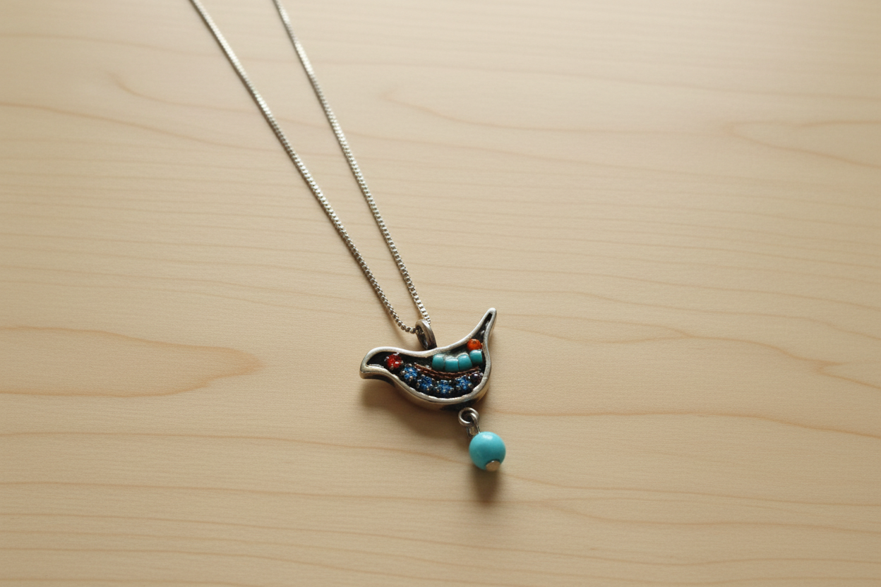 Adaya mosaic dove pendant beaded in bright colors on silver chain | Judaica Square Lakewood (view 8)