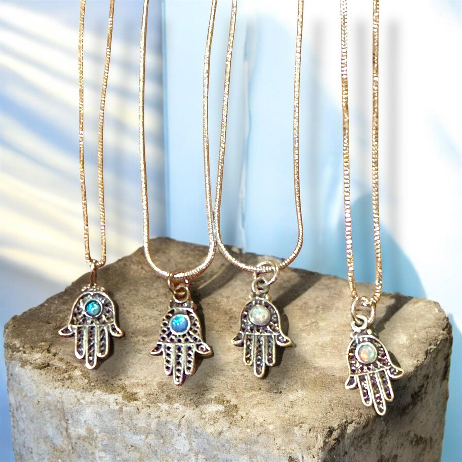 Sterling filigree hamsa pendant with blue opal stone on snake chain | Judaica Square Lakewood (view 4)