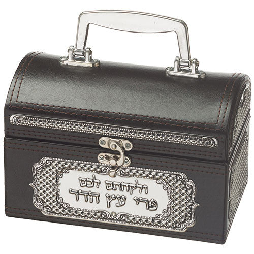 Leather Look Esrog Box with Handle and Plaque