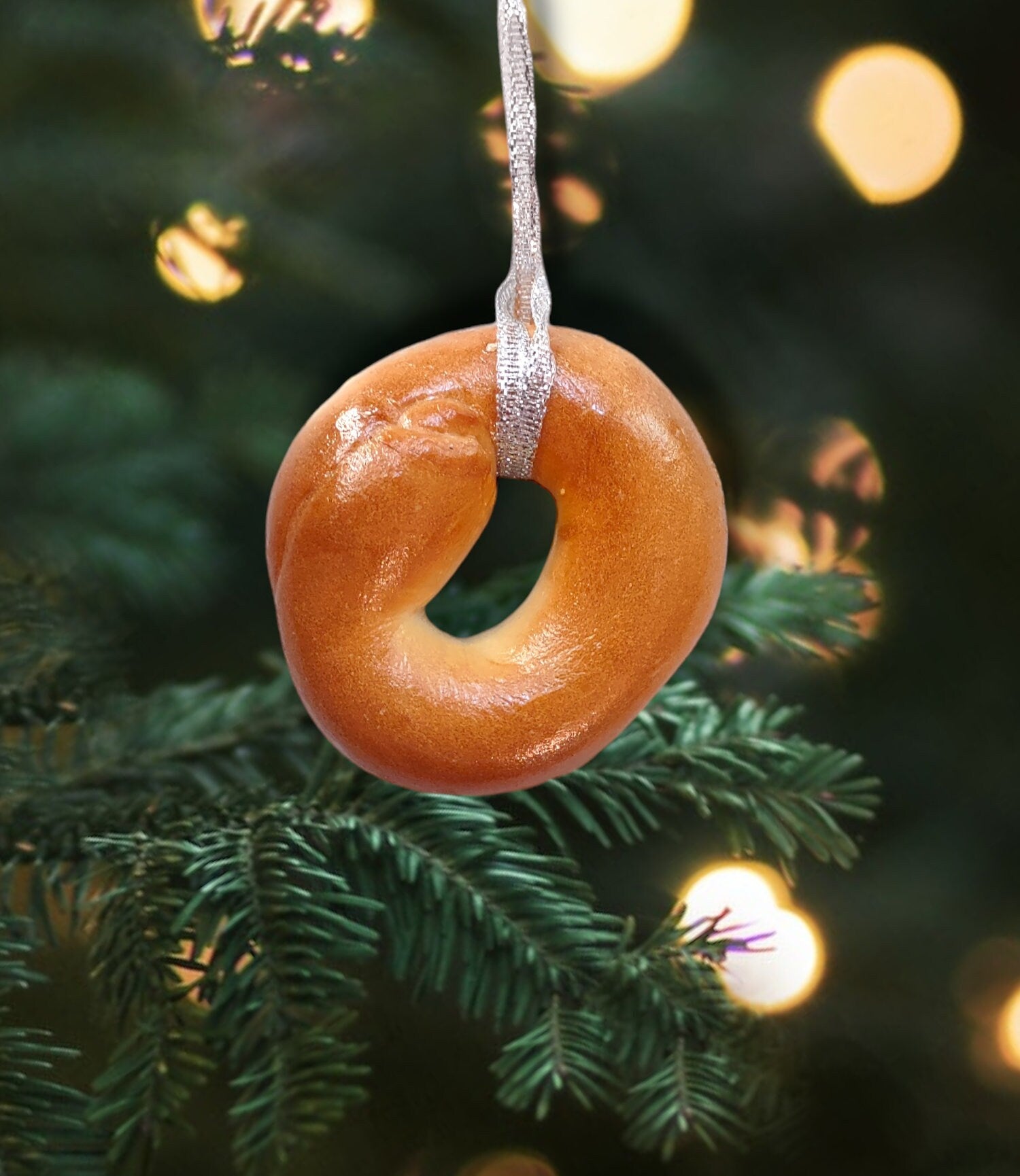 Real preserved everything bagel ornament hanging from a ribbon loop | Judaica Square Lakewood (view 4)