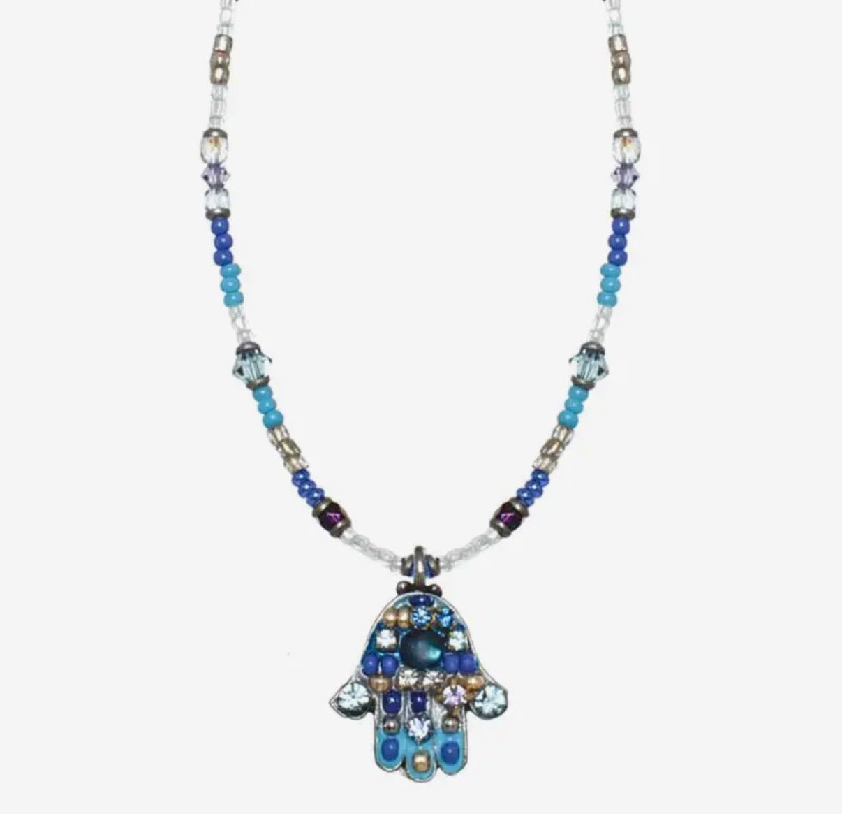 Small blue mosaic hamsa necklace — cobalt glass gold pendant | Judaica Square Lakewood (view 4)
