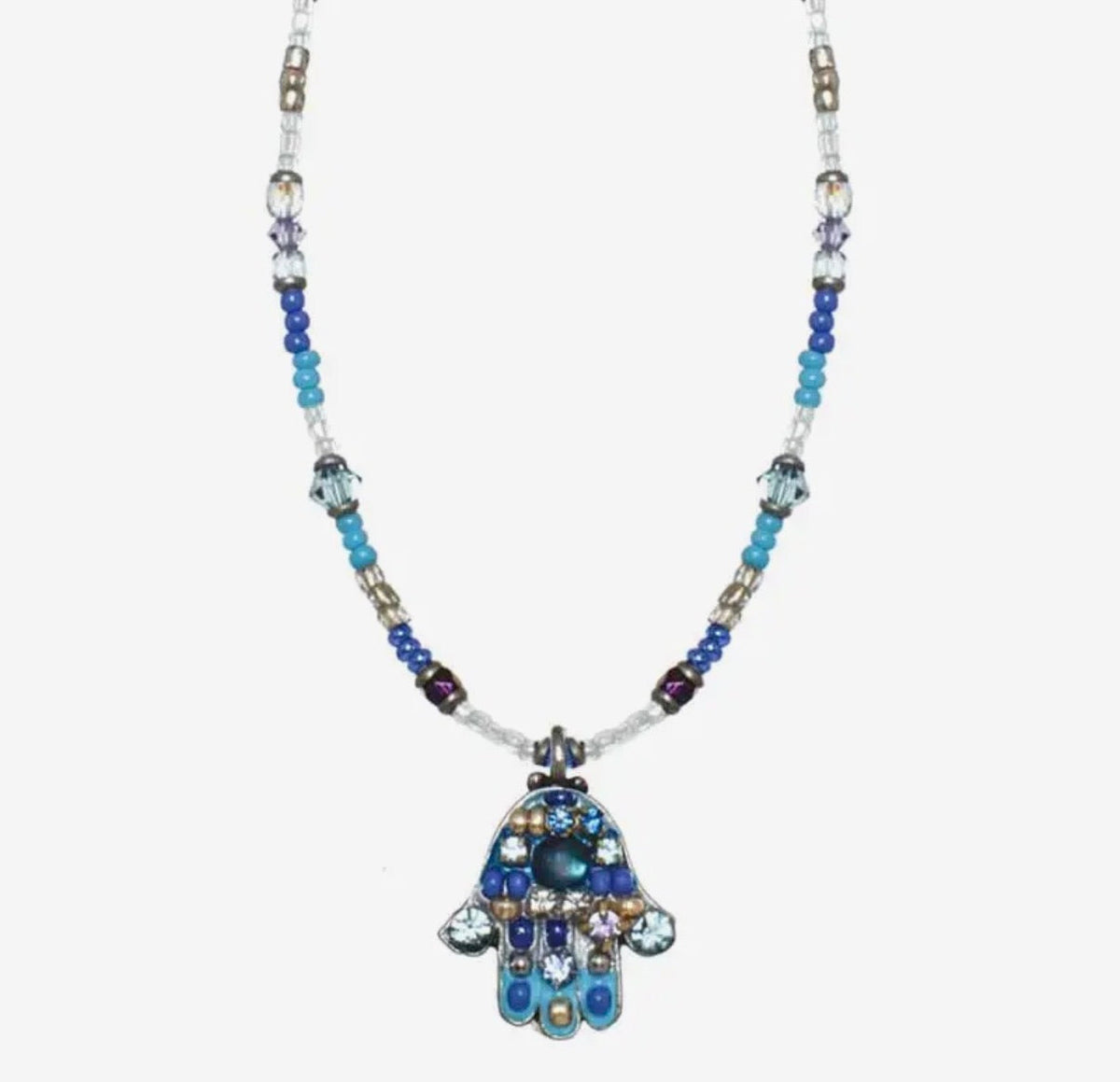 Small blue mosaic hamsa necklace — cobalt glass gold pendant | Judaica Square Lakewood (view 4)