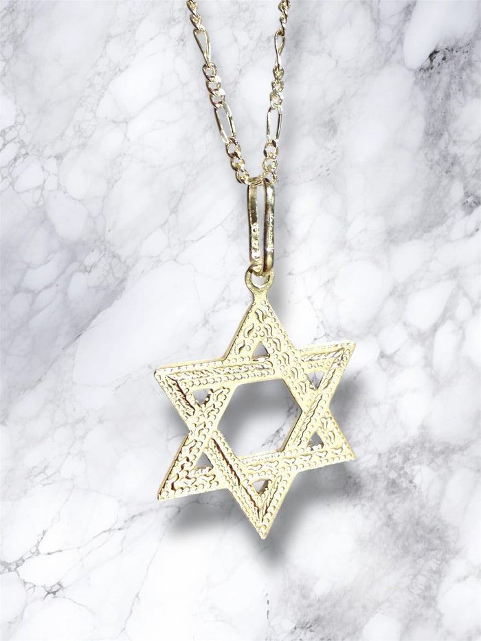 Etched sterling silver Star of David pendant on a figaro chain necklace | Judaica Square Lakewood