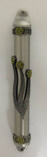 Pewter Mezuzah Case with Green Rhinestone (Karshi) 12cm (MZ-4842)