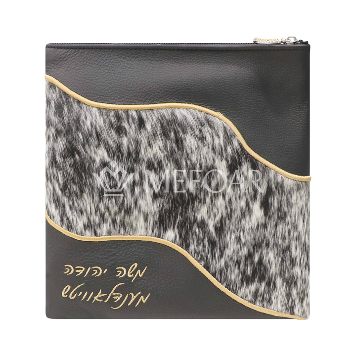 Design 486 leather tallis and tefillin bag with black-and-white fur