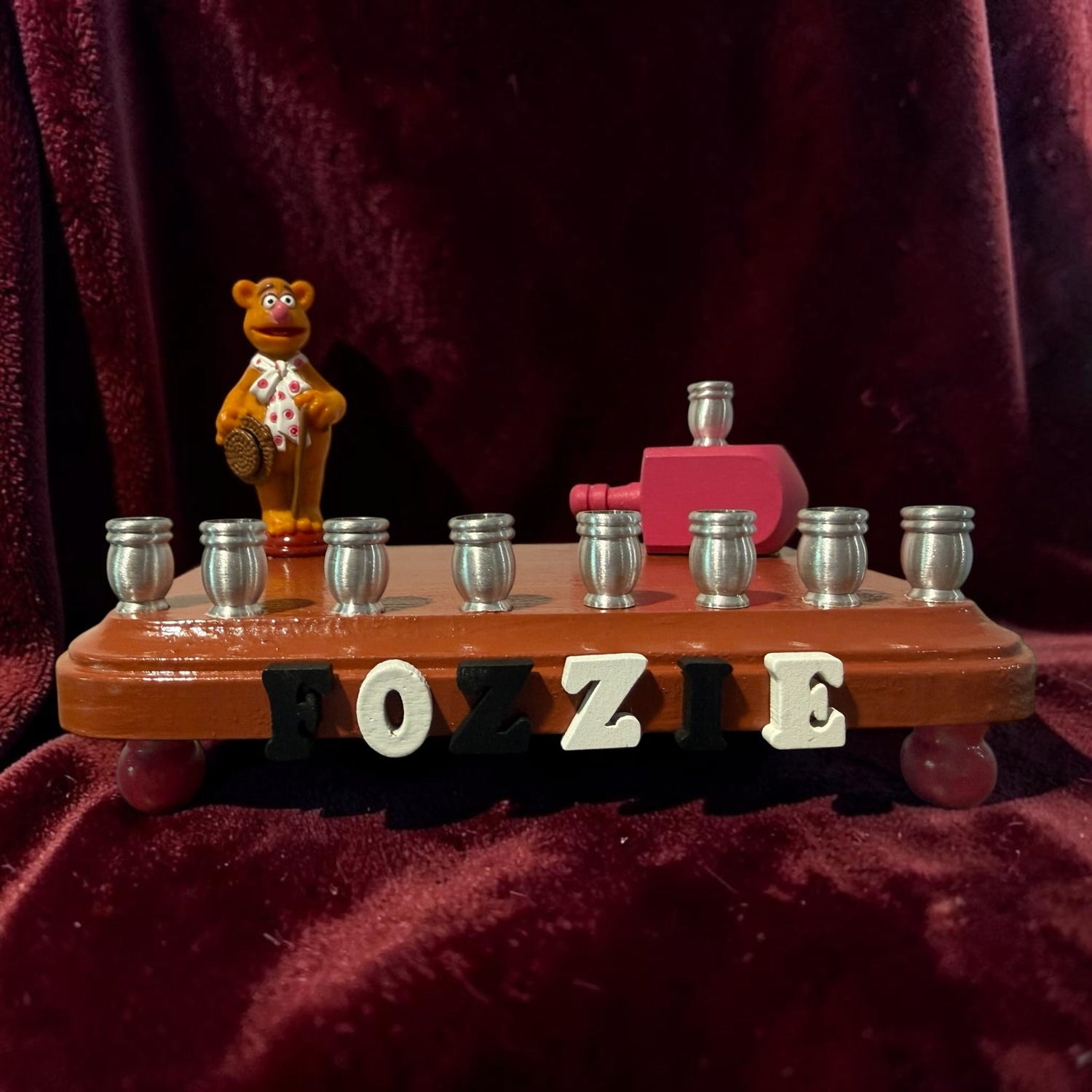 Fozzie Bear menorah — Muppets bear chess piece on painted wood with aluminum cups | Judaica Square Lakewood (view 13)