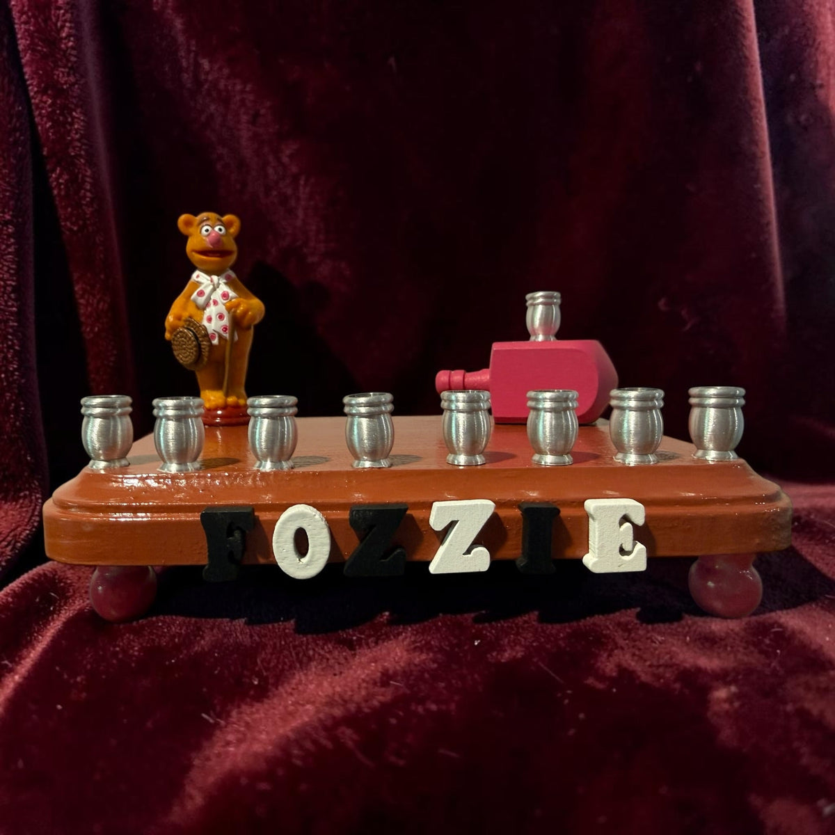 Fozzie Bear menorah — Muppets bear chess piece on painted wood with aluminum cups | Judaica Square Lakewood (view 13)