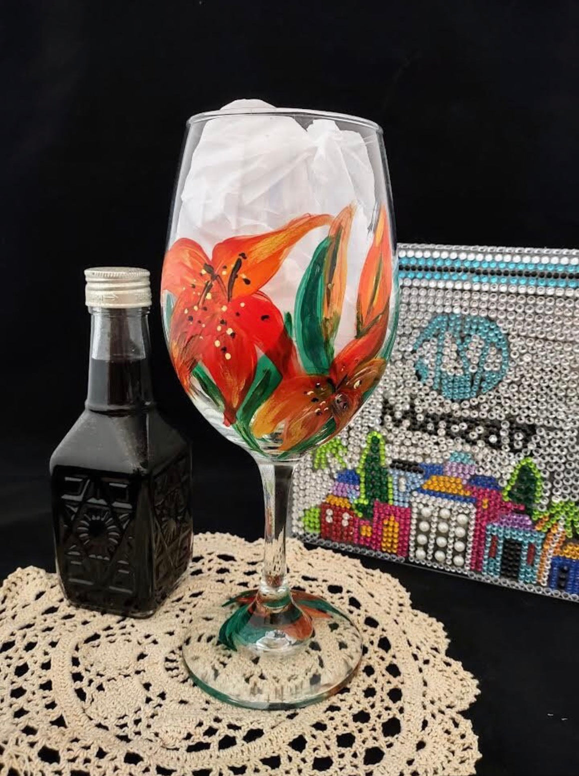 Lilies Wine Glass — red lilies and checkerboard stem on painted glass | Judaica Square Lakewood (view 9)