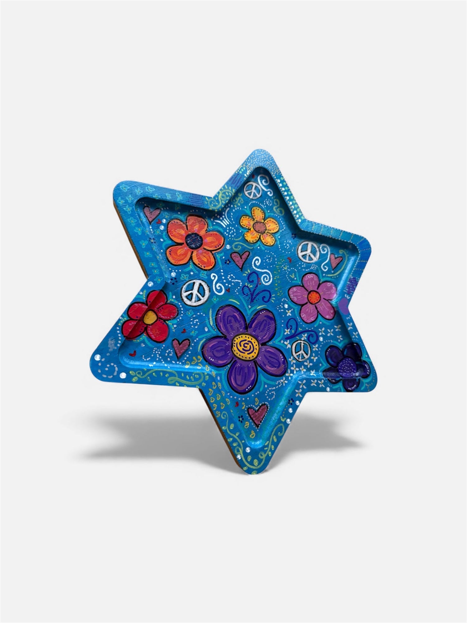 Peace and love Star of David tray — Woodstock-inspired hand-painted wood tray | Judaica Square Lakewood (view 3)