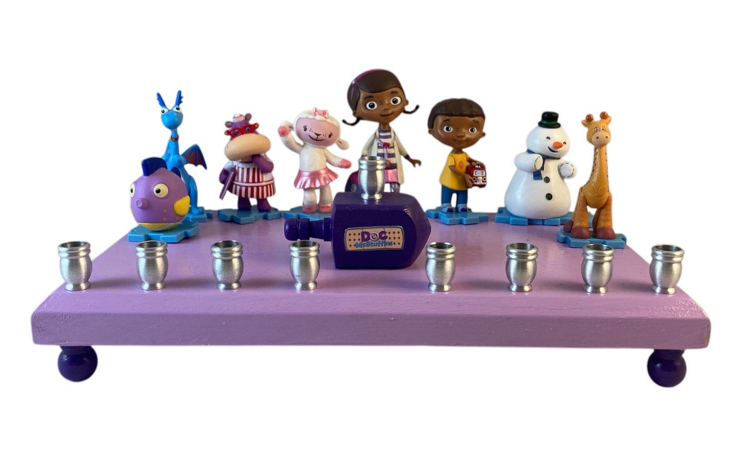 Doc McStuffins hospital menorah — licensed Disney figures, dreidel and aluminum cups | Judaica Square Lakewood (view 4)
