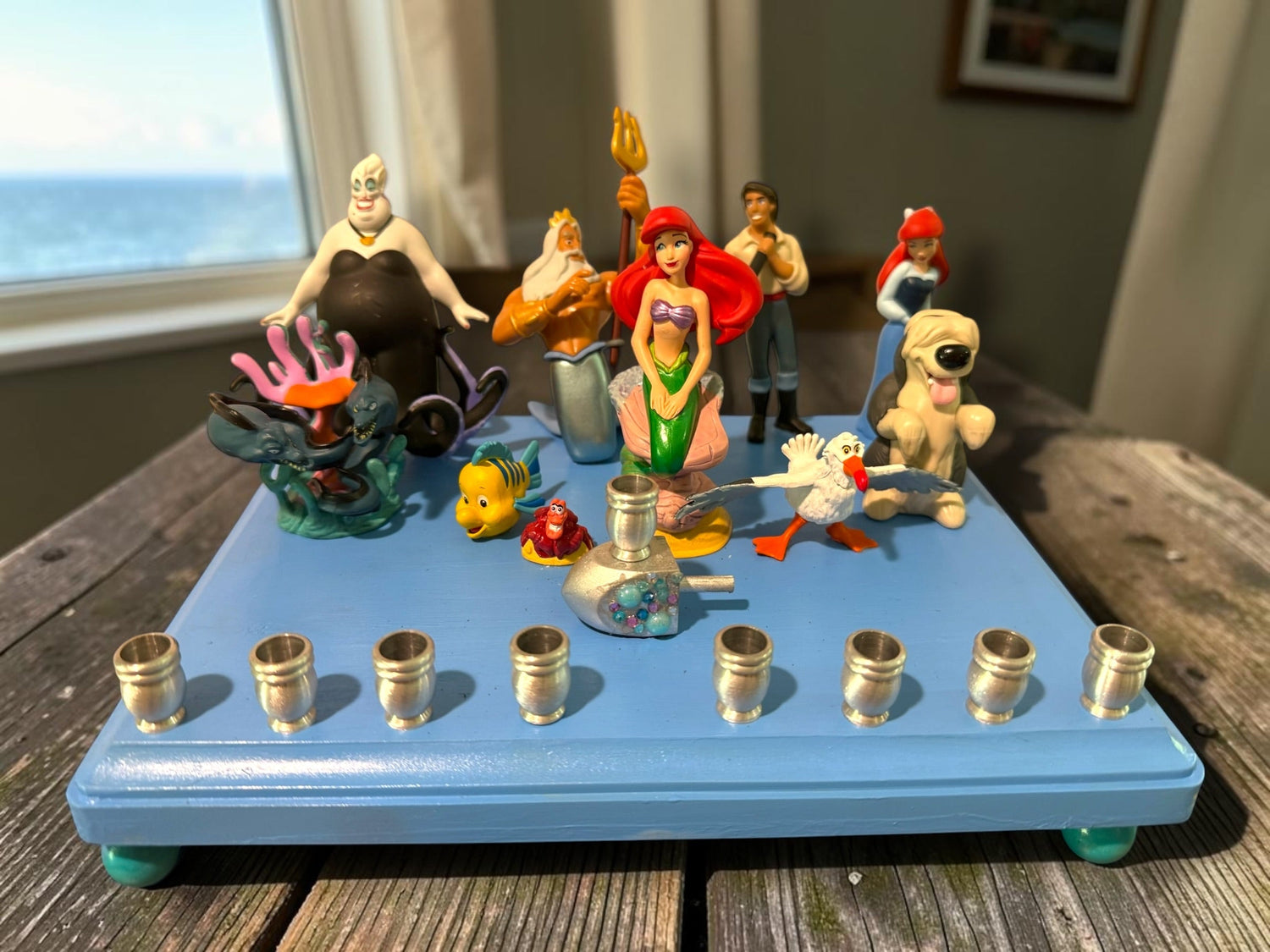 Little Mermaid Menorah — mermaid figures and rhinestones on a painted wood plaque | Judaica Square Lakewood (view 15)
