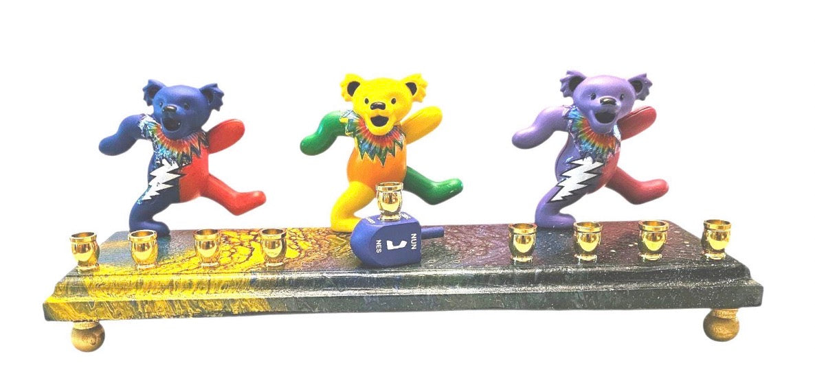 Psychedelic Dancing Bears Menorah — bear figures on a swirled paint-poured base | Judaica Square Lakewood (view 8)