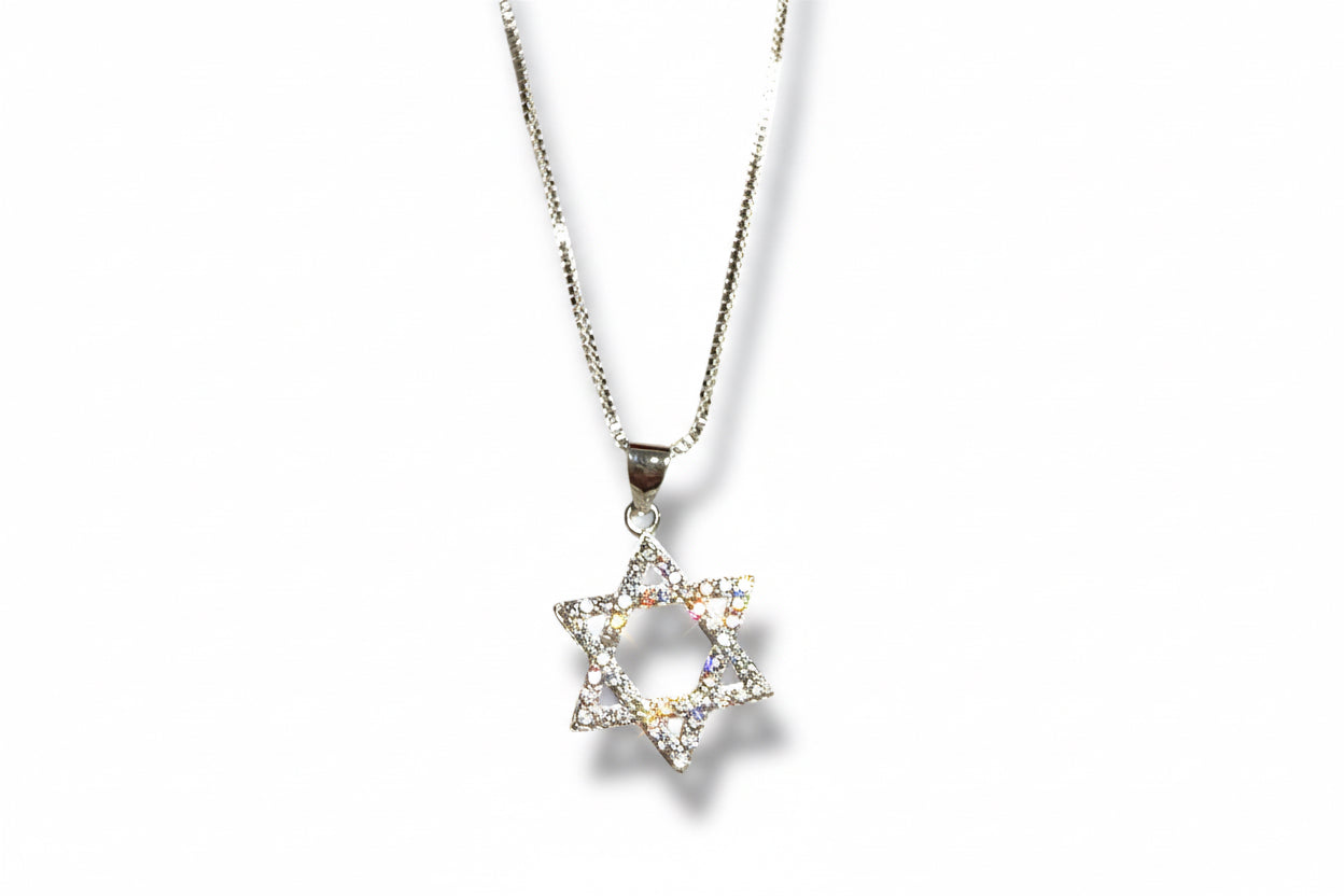 Sparkling cubic zirconia sterling Magen David pendant on box chain | Judaica Square Lakewood (view 8)